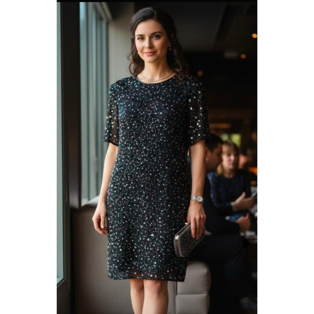 Scala Dress,  Black,  Beaded, Colorful Sequins, Silk, L NWT ✔️